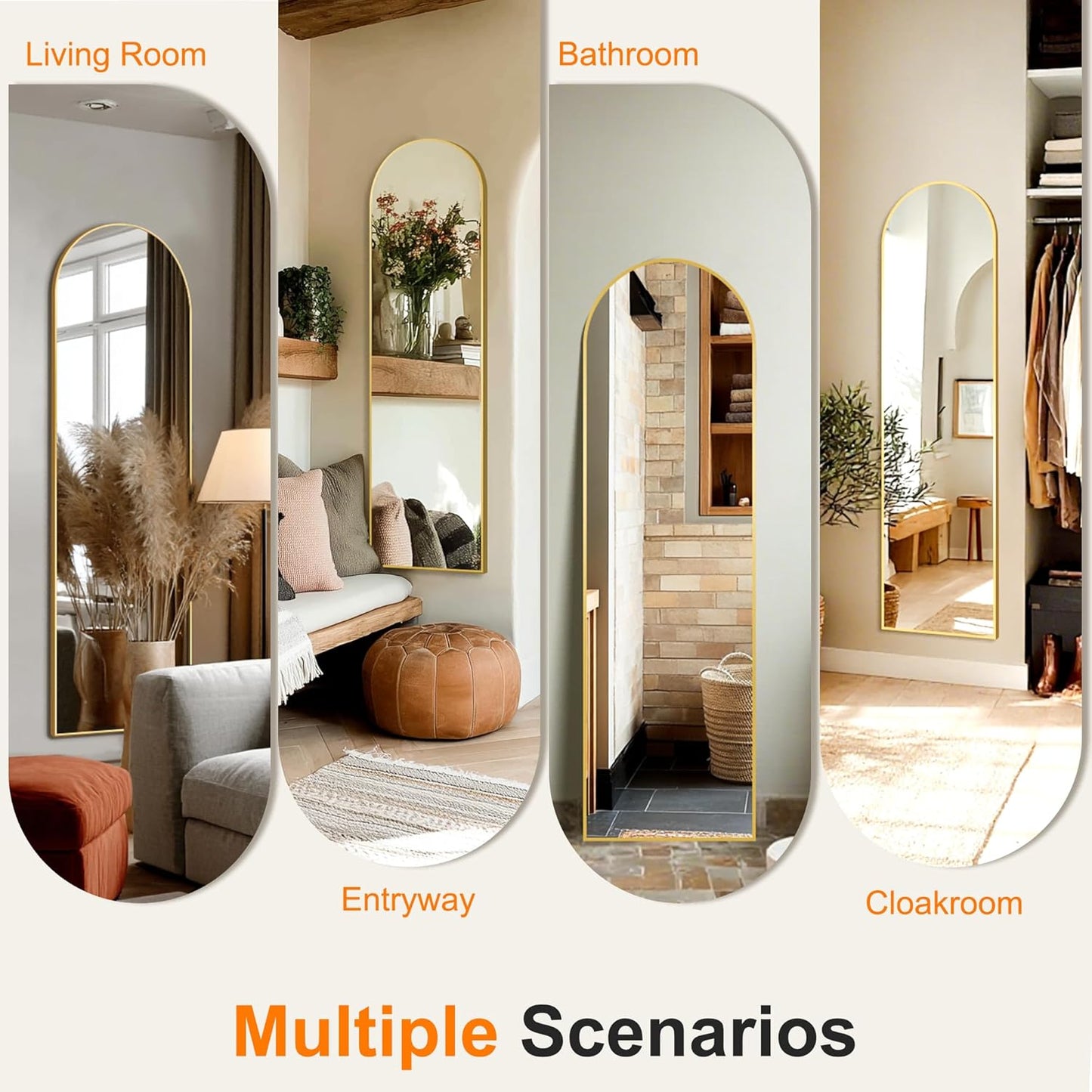 Arched Full Length Mirror, 56"x15" Standing Body Mirror for Wall, Gold
