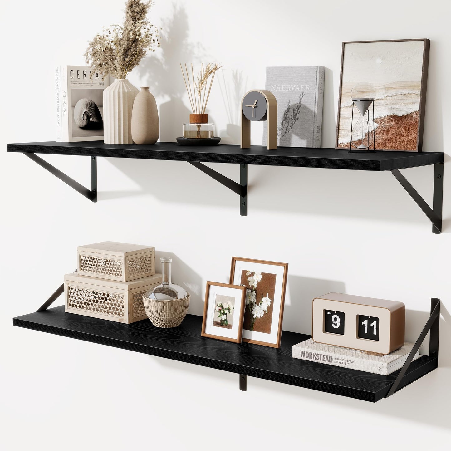 Acovy Deep Floating Shelves Wall Mounted, 36"x12" Black Wall Shelves with Brackets Set of 2 for Bedroom, Living Room, Bathroom, Kitchen, Office - Storage & Display Shelf for Decor, Books, Plants