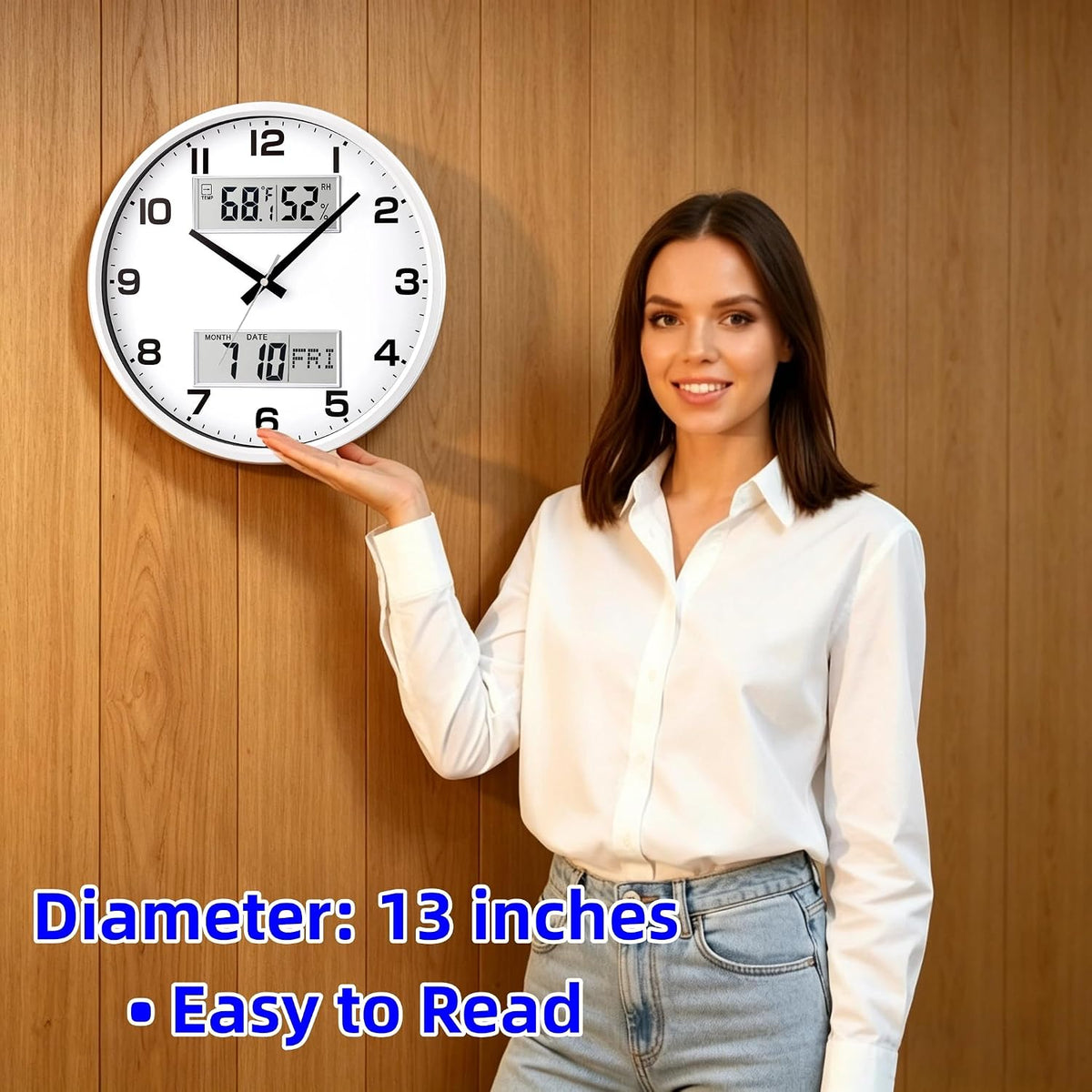 13" White Battery Powered Silent Wall Clock with Calendar Temperature and Humidity H-7326