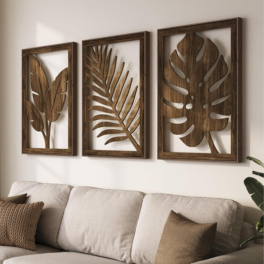 Framed Boho Cutout Carved Wood Wall Art Decor for Living Room, 24x36 Inch