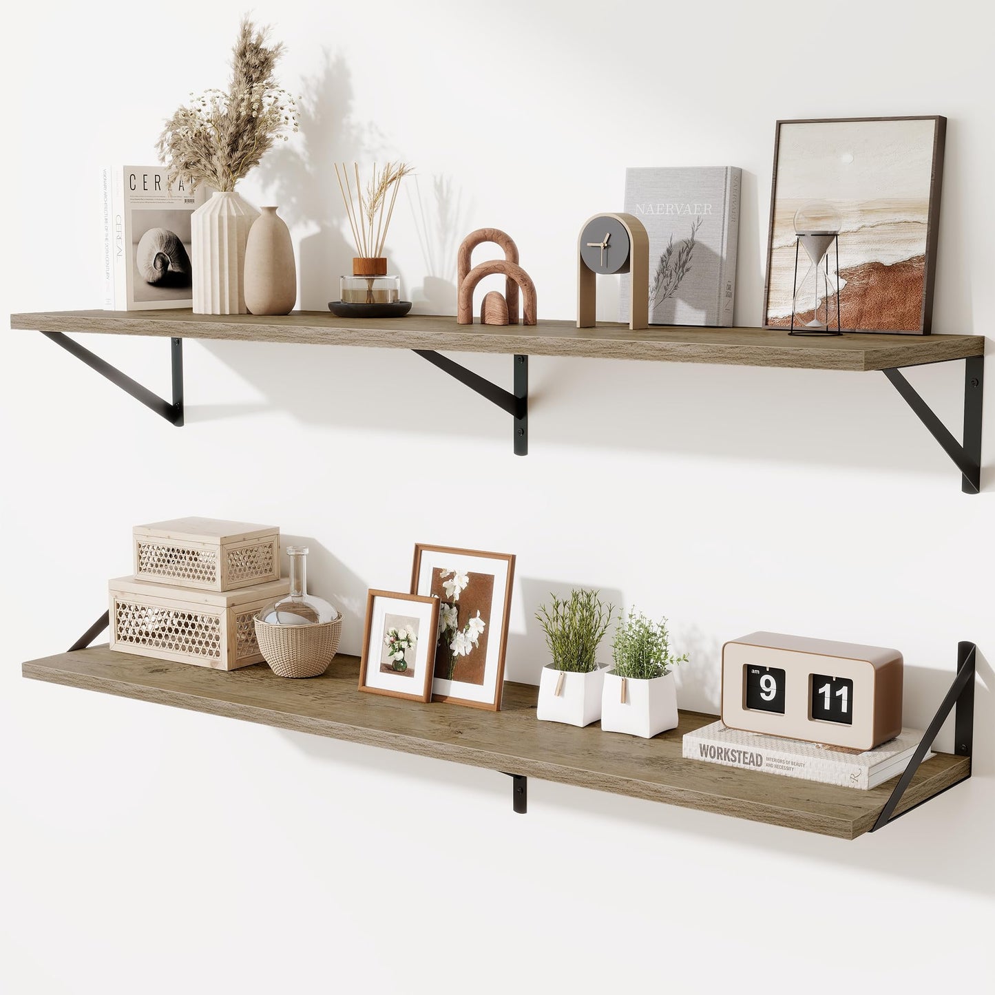 Acovy Deep Floating Shelves Wall Mounted, 36"x12" Brown Wood Shelves with Brackets Set of 2 for Bedroom, Living Room, Bathroom, Kitchen, Office - Storage & Display Shelf for Decor, Books, Plants