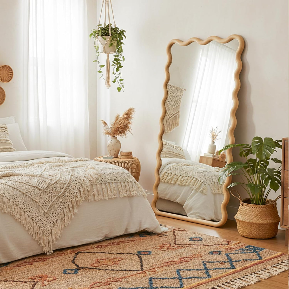 Full Length Mirror, 55”x28” Wavy Wood Floor Mirror for Wall
