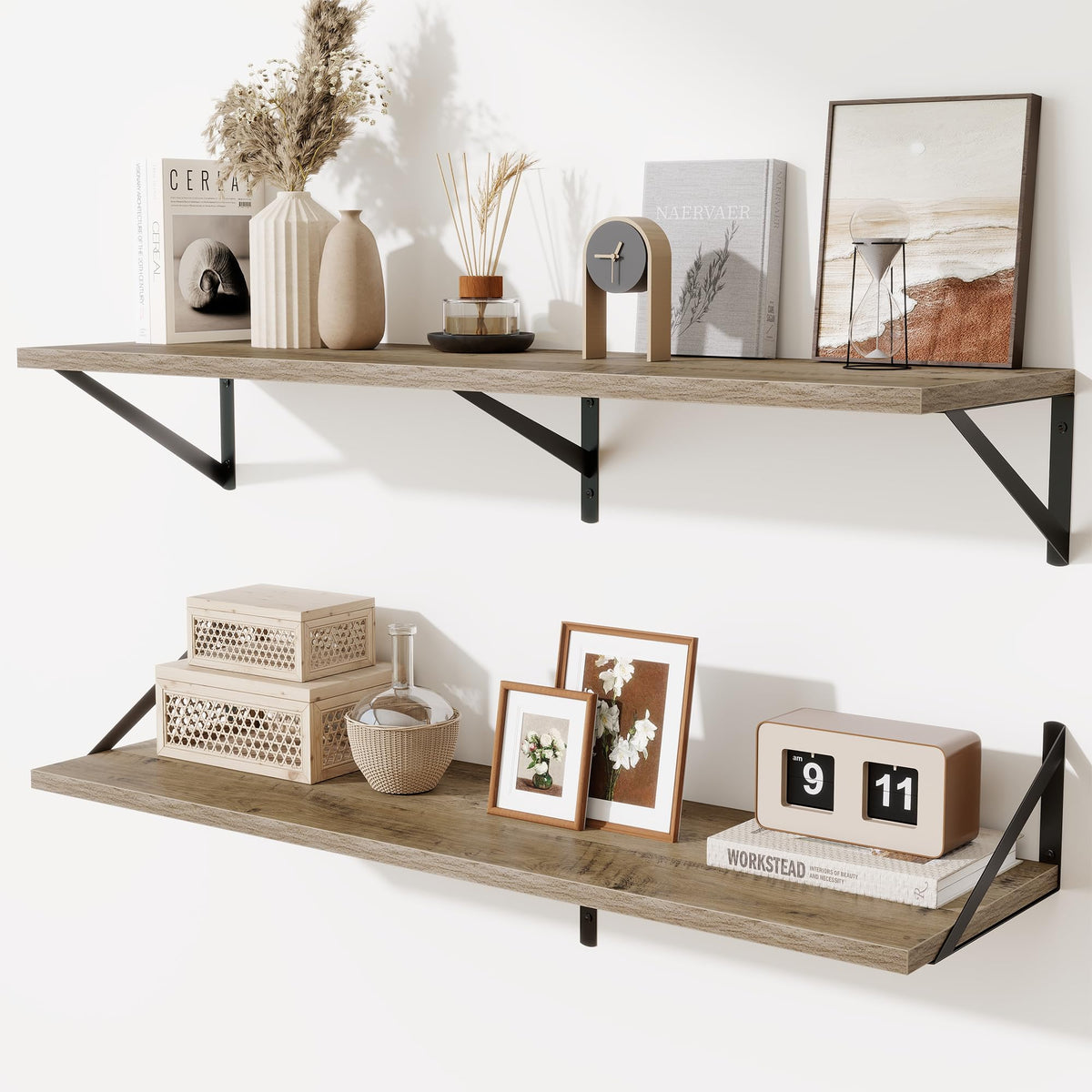 Acovy Deep Floating Shelves Wall Mounted, 36"x12" Brown Wood Shelves with Brackets Set of 2 for Bedroom, Living Room, Bathroom, Kitchen, Office - Storage & Display Shelf for Decor, Books, Plants