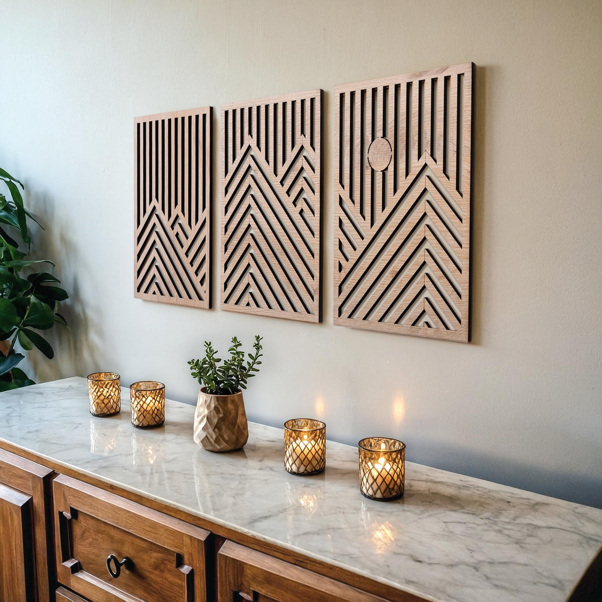 qmmp Modern Wooden Wall Sculptures - Set of 3 - Home Decor Accent - Large Wall Art for Living Room, Bedroom, Office - Easy Installation (Walnut, Medium - Mountain and Sun)