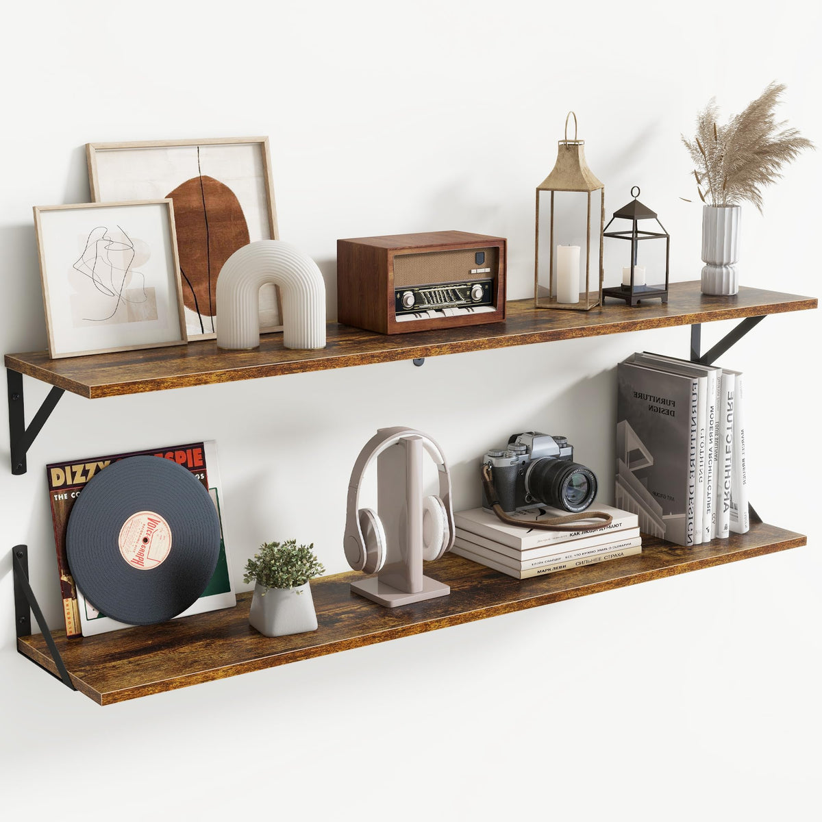 Acovy Deep Floating Shelves Wall Mounted, 36"x12" Black Wall Shelves with Brackets Set of 2 for Bedroom, Living Room, Bathroom, Kitchen, Office - Storage & Display Shelf for Decor, Books, Plants