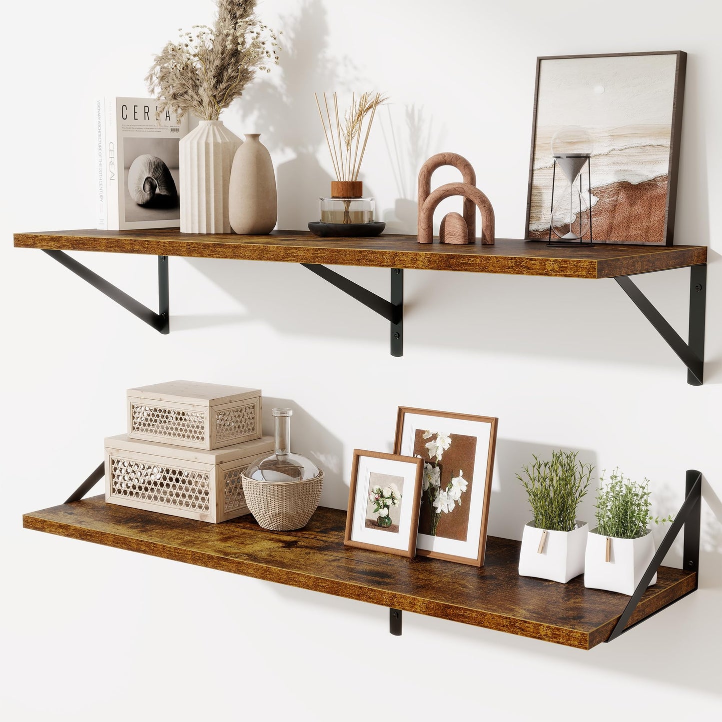 Acovy Deep Floating Shelves Wall Mounted, 36"x12" Black Wall Shelves with Brackets Set of 2 for Bedroom, Living Room, Bathroom, Kitchen, Office - Storage & Display Shelf for Decor, Books, Plants
