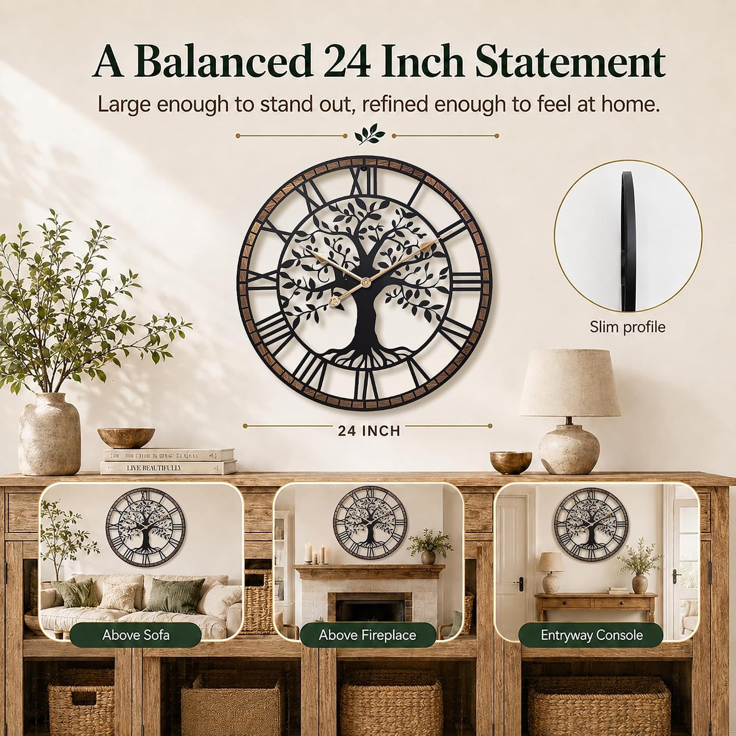 24 Inch Large Modern Metal Tree Wall Clock for Living Room Decor,Wood Frame
