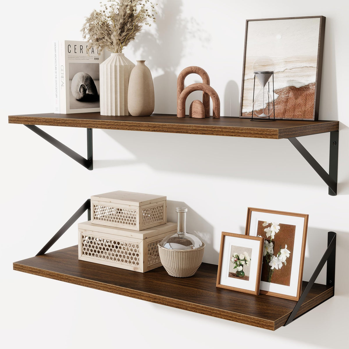 Acovy Deep Floating Shelves Wall Mounted, 36"x12" Brown Wood Shelves with Brackets Set of 2 for Bedroom, Living Room, Bathroom, Kitchen, Office - Storage & Display Shelf for Decor, Books, Plants