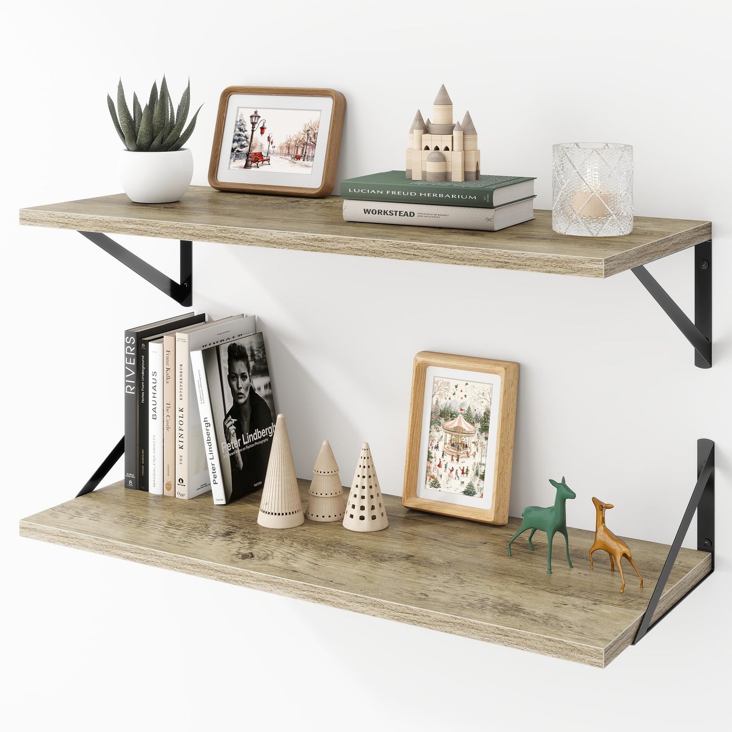 Acovy Deep Floating Shelves Wall Mounted, 36"x12" Brown Wood Shelves with Brackets Set of 2 for Bedroom, Living Room, Bathroom, Kitchen, Office - Storage & Display Shelf for Decor, Books, Plants