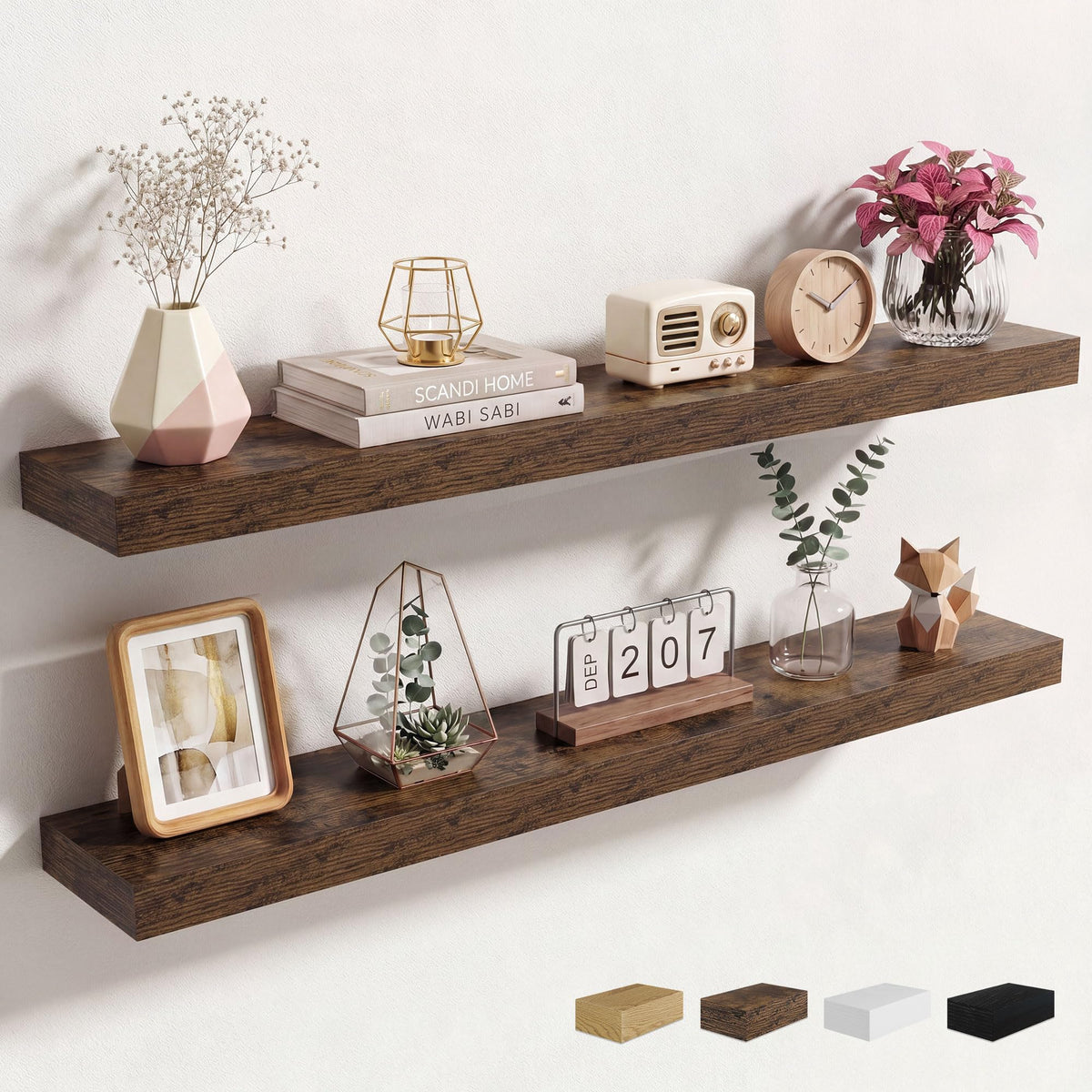 Axeman 72Inch Floating Shelves for Wall 2 Pack Shelves for Kitchen Bathroom Bedroom, Wooden Shelves with Invisible Brackets, Wall Mounted Rustic Wood Floating Shelf for Decor Books Storage, Brown