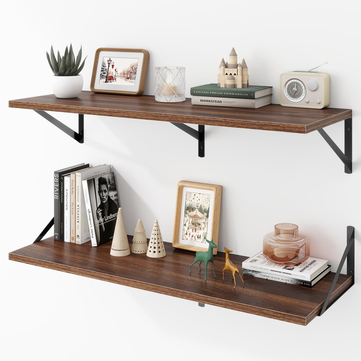 Acovy Deep Floating Shelves Wall Mounted, 36"x12" Brown Wood Shelves with Brackets Set of 2 for Bedroom, Living Room, Bathroom, Kitchen, Office - Storage & Display Shelf for Decor, Books, Plants