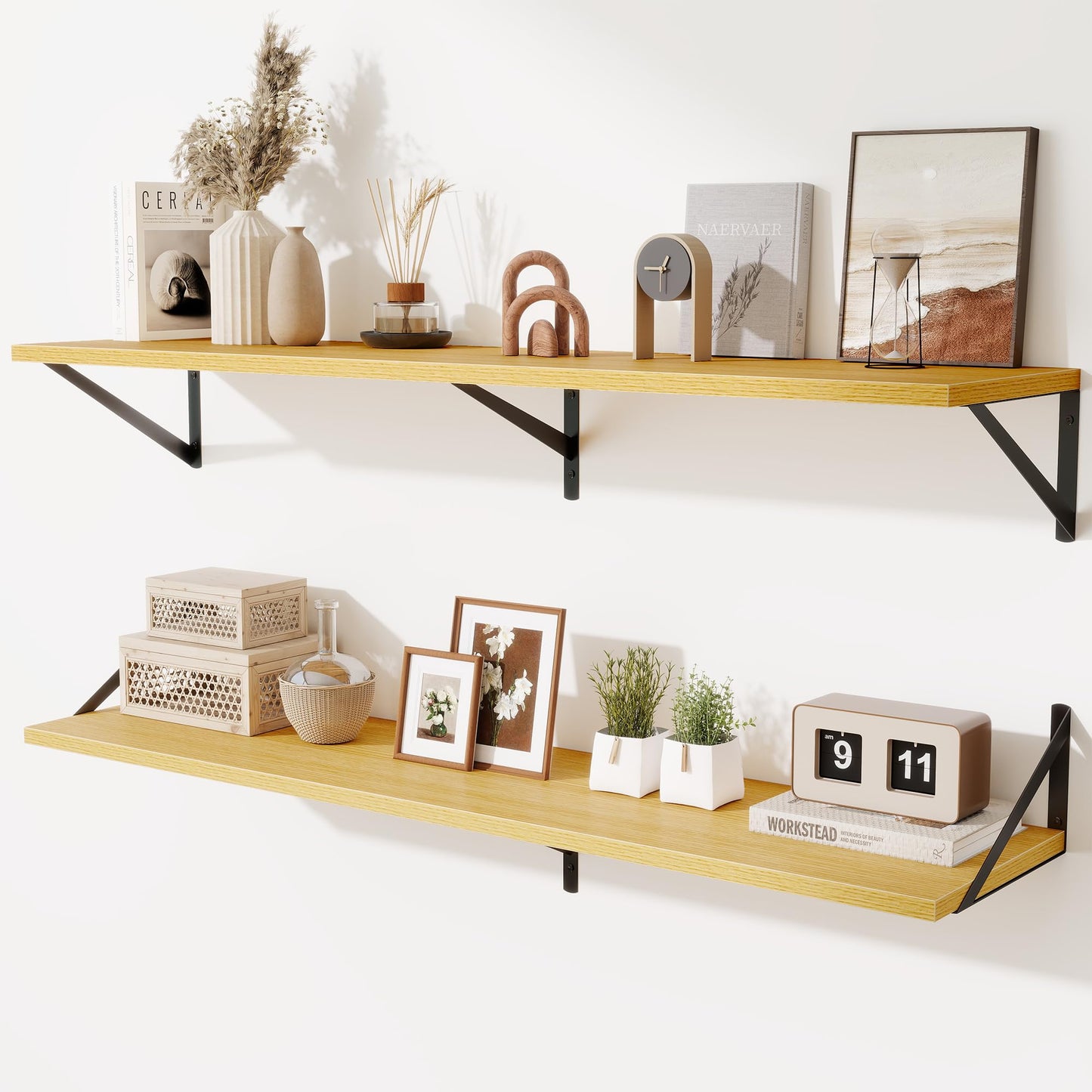 Acovy Deep Floating Shelves Wall Mounted, 36"x12" Black Wall Shelves with Brackets Set of 2 for Bedroom, Living Room, Bathroom, Kitchen, Office - Storage & Display Shelf for Decor, Books, Plants