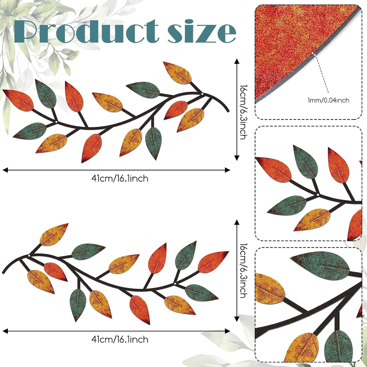 Zhengmy 2 Pcs Metal Leaf Wall Art Vine Branch Decor,Lively Colors