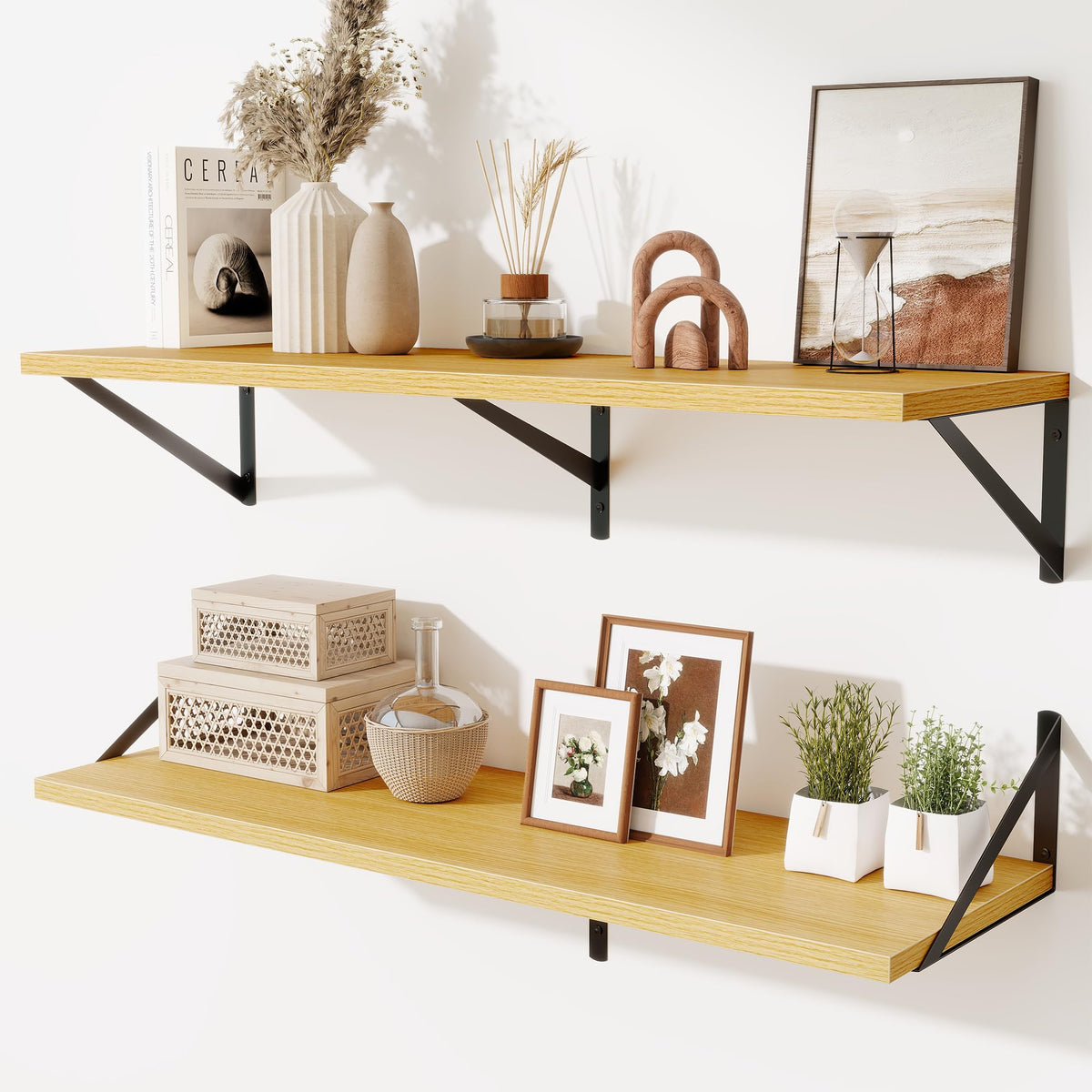 Acovy Deep Floating Shelves Wall Mounted, 36"x12" Brown Wood Shelves with Brackets Set of 2 for Bedroom, Living Room, Bathroom, Kitchen, Office - Storage & Display Shelf for Decor, Books, Plants