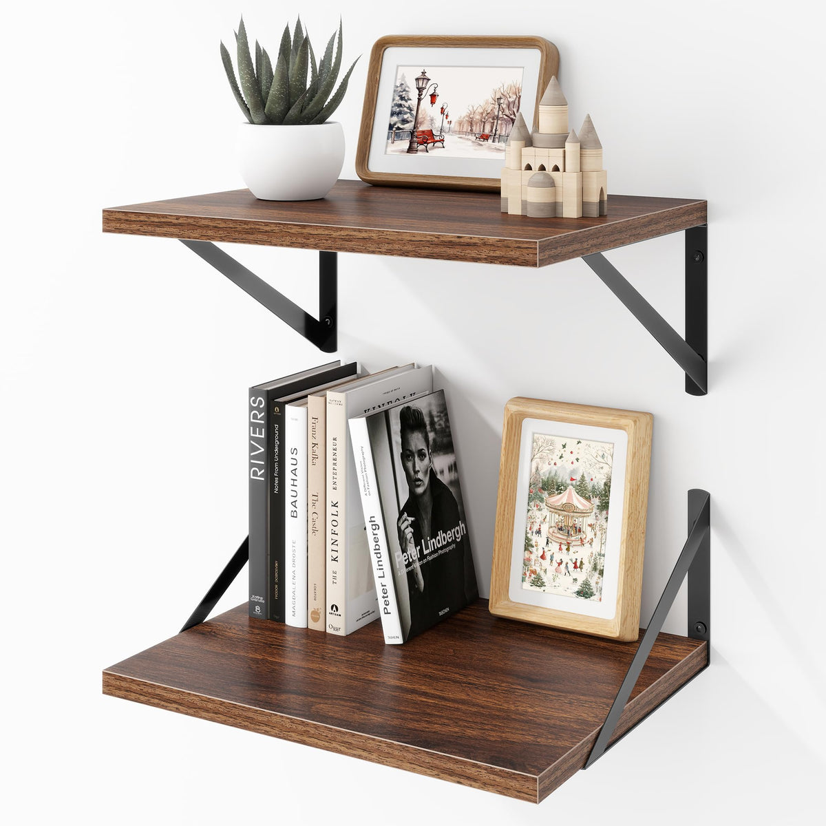 Acovy Deep Floating Shelves Wall Mounted, 36"x12" Brown Wood Shelves with Brackets Set of 2 for Bedroom, Living Room, Bathroom, Kitchen, Office - Storage & Display Shelf for Decor, Books, Plants