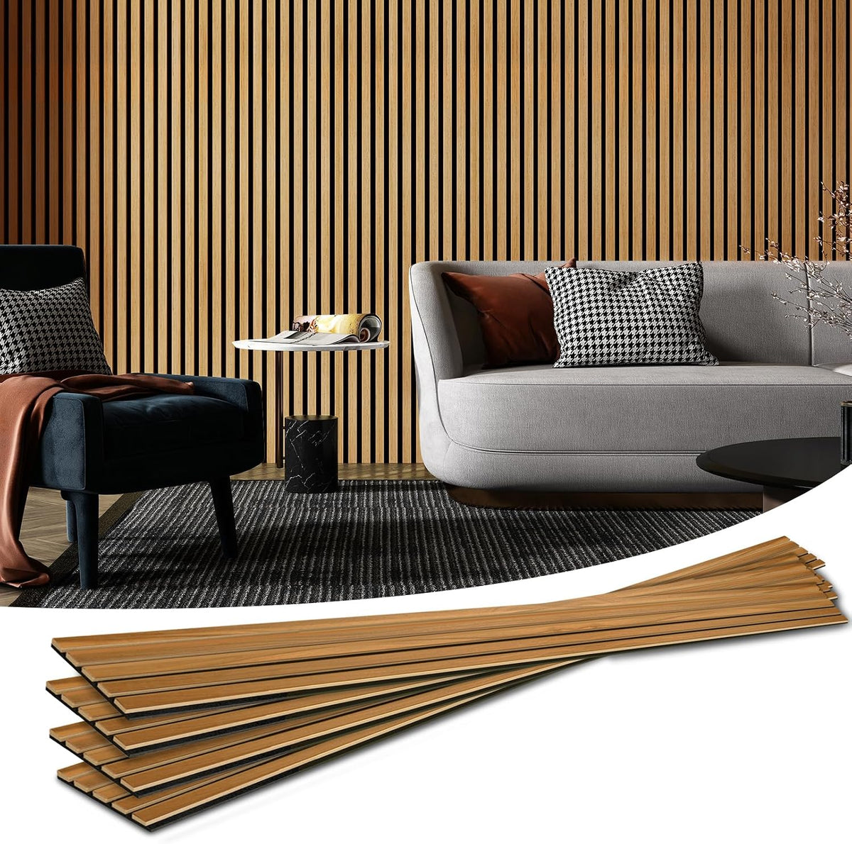 Art3d 6-Pack Soundproof Wood Slat Wall Panels, 94.5 x 7.9 Inch, Walnut