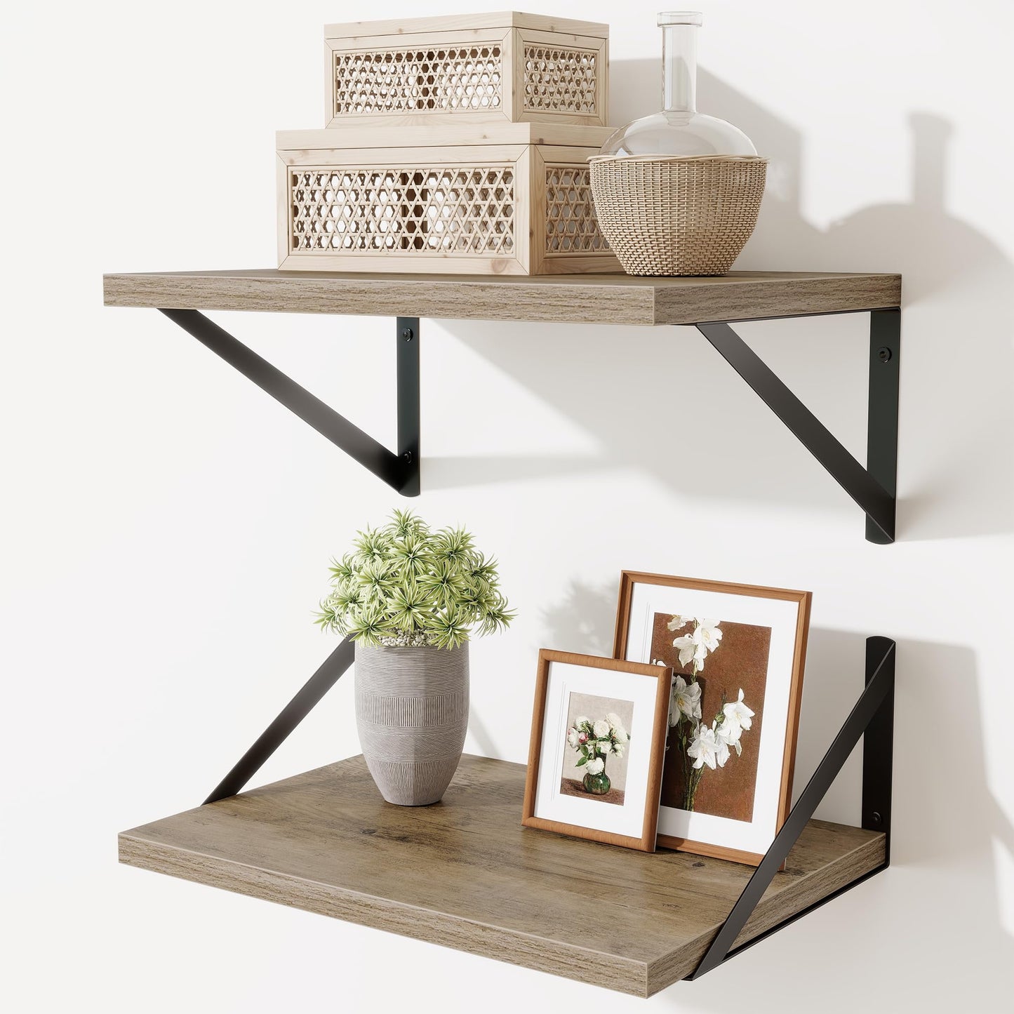 Acovy Deep Floating Shelves Wall Mounted, 36"x12" Brown Wood Shelves with Brackets Set of 2 for Bedroom, Living Room, Bathroom, Kitchen, Office - Storage & Display Shelf for Decor, Books, Plants