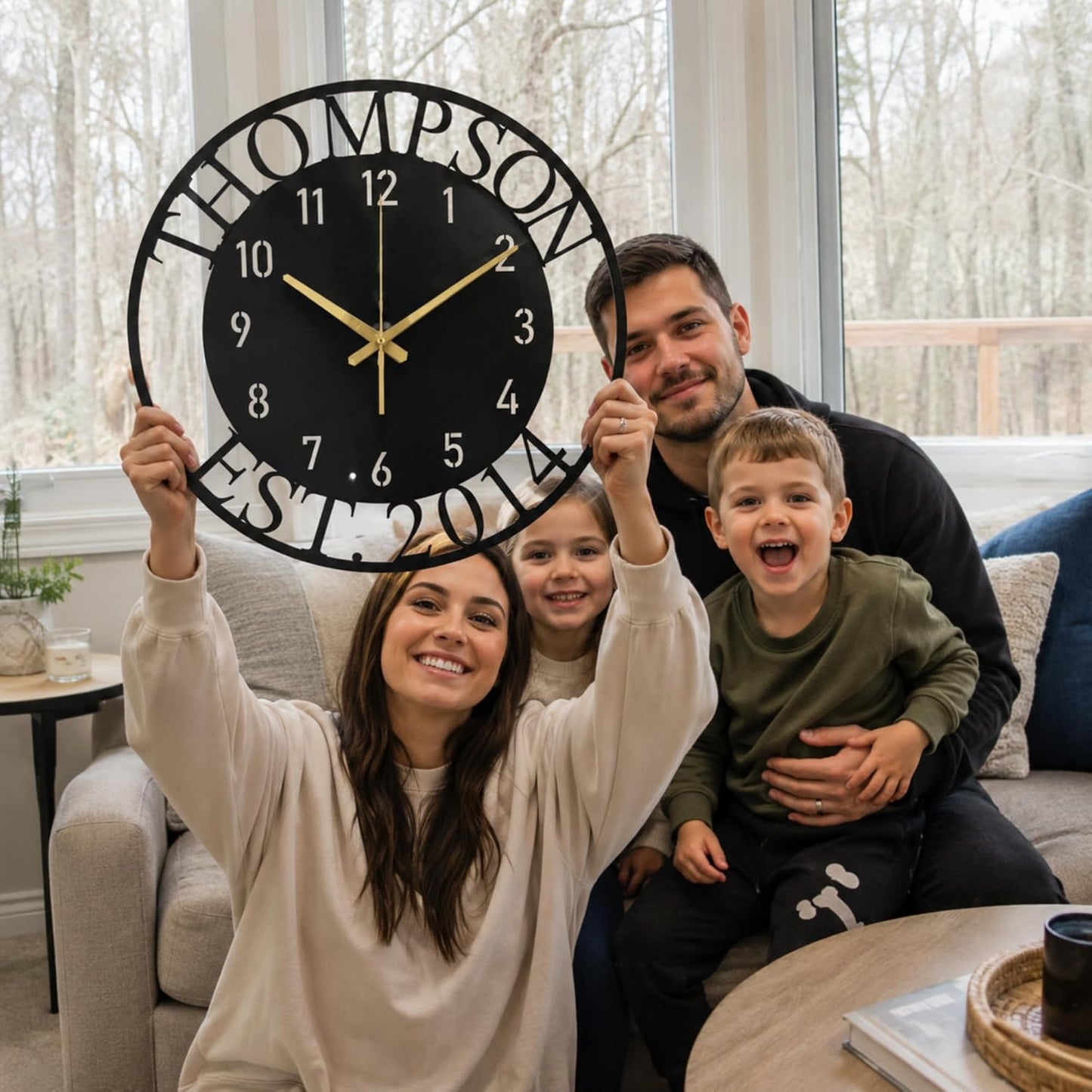 Custom Large Metal Wall Clock, Personalized Last Name and Established Year, Silent Non-Ticking Steel Clock, Family Decor for Living Room, Wedding, Anniversary or Housewarming Gift