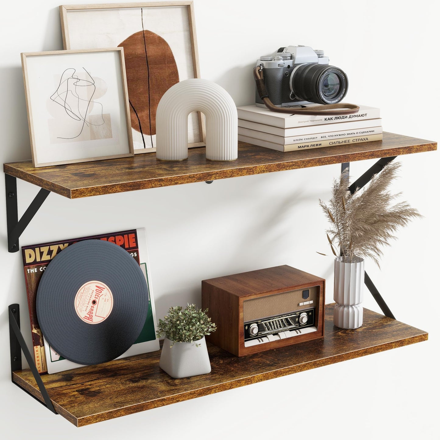 Acovy Deep Floating Shelves Wall Mounted, 36"x12" Brown Wood Shelves with Brackets Set of 2 for Bedroom, Living Room, Bathroom, Kitchen, Office - Storage & Display Shelf for Decor, Books, Plants