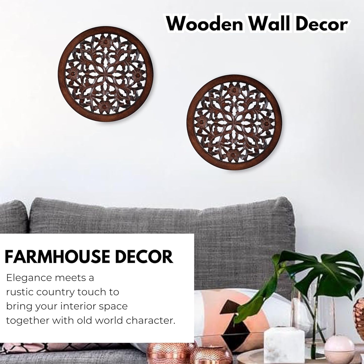 Woodify Hand-Carved Wooden Wall Décor – Set of 2, 12x12