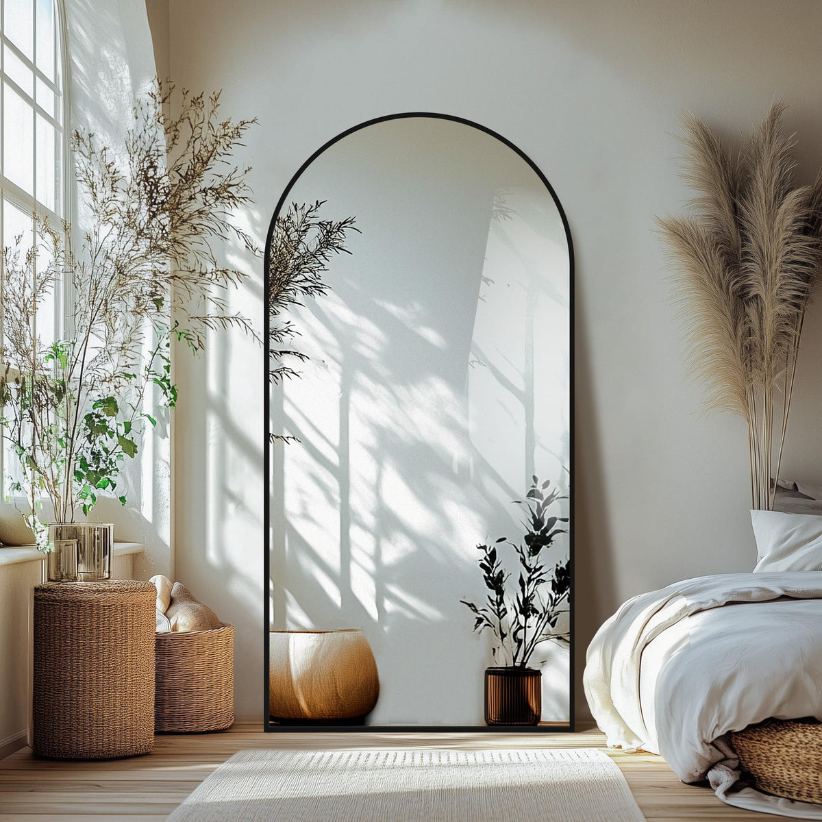 Delma Arched Full Length Mirror with Stand, Black Floor Mirror