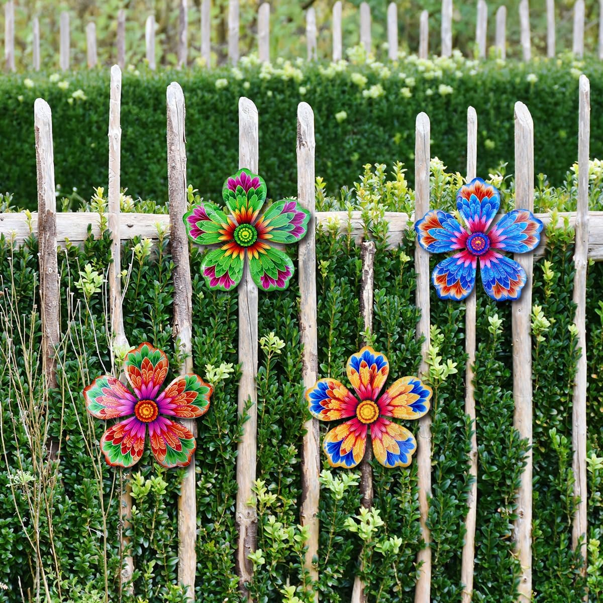 Giyyomtr Metal Flowers Wall Decor - 4pcs 6.2'' Metal Wall Art Hanging Decorations for Outdoor Fence Garden Yard Patio Exterior Home Wall Decor