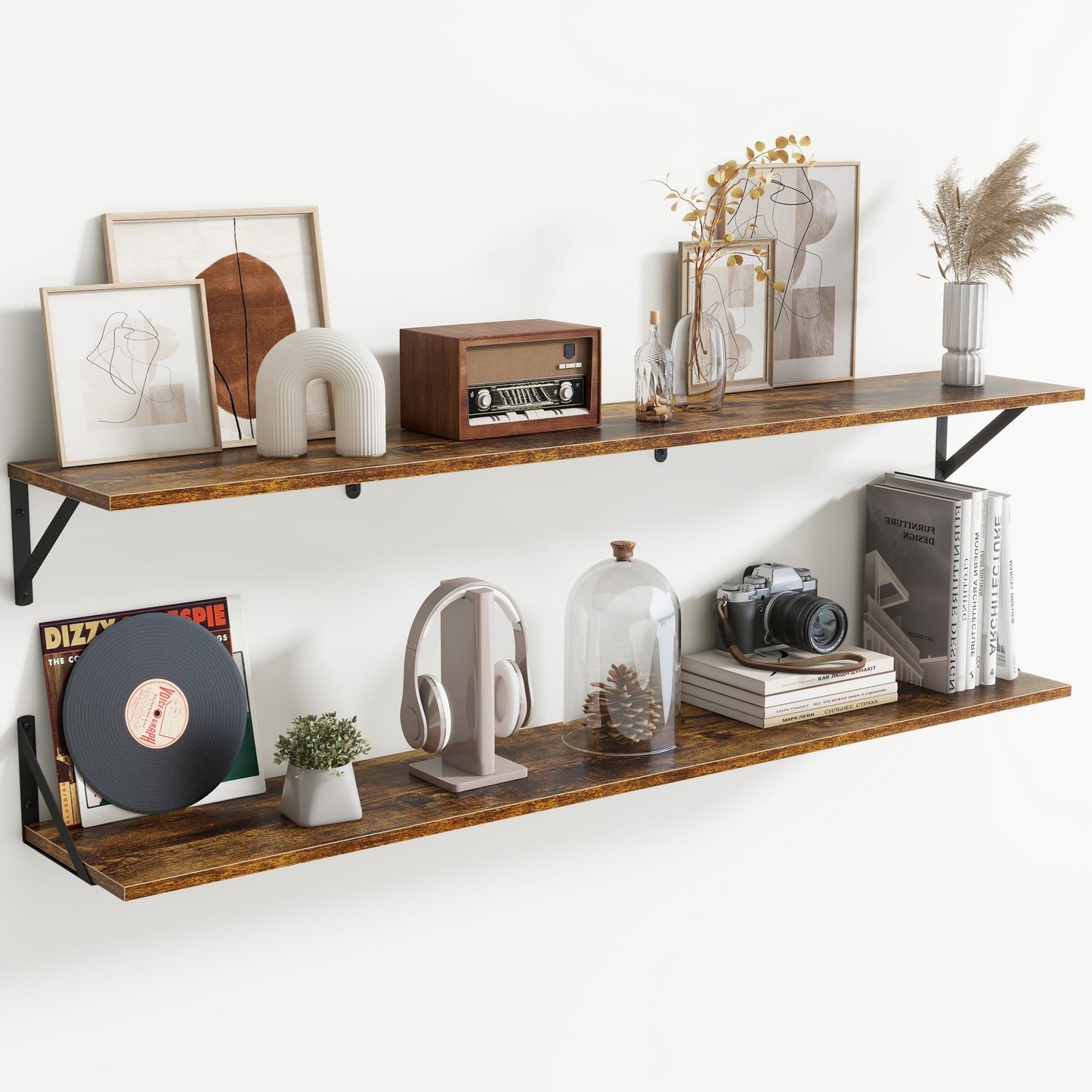 Acovy Deep Floating Shelves Wall Mounted, 36"x12" Brown Wood Shelves with Brackets Set of 2 for Bedroom, Living Room, Bathroom, Kitchen, Office - Storage & Display Shelf for Decor, Books, Plants