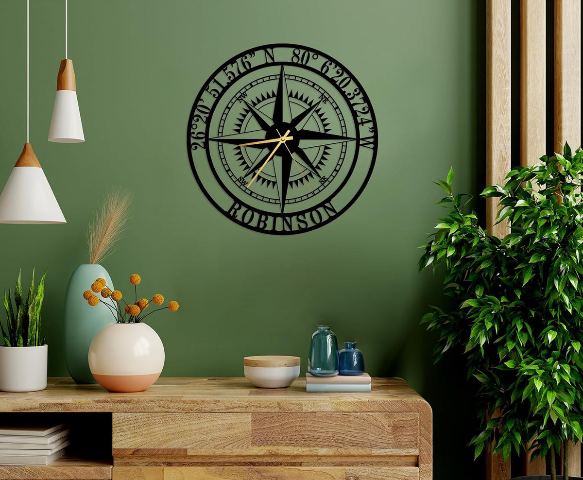 Custom Compass Wall Clock Metal Sign Clock Latitude Longitude House Gift