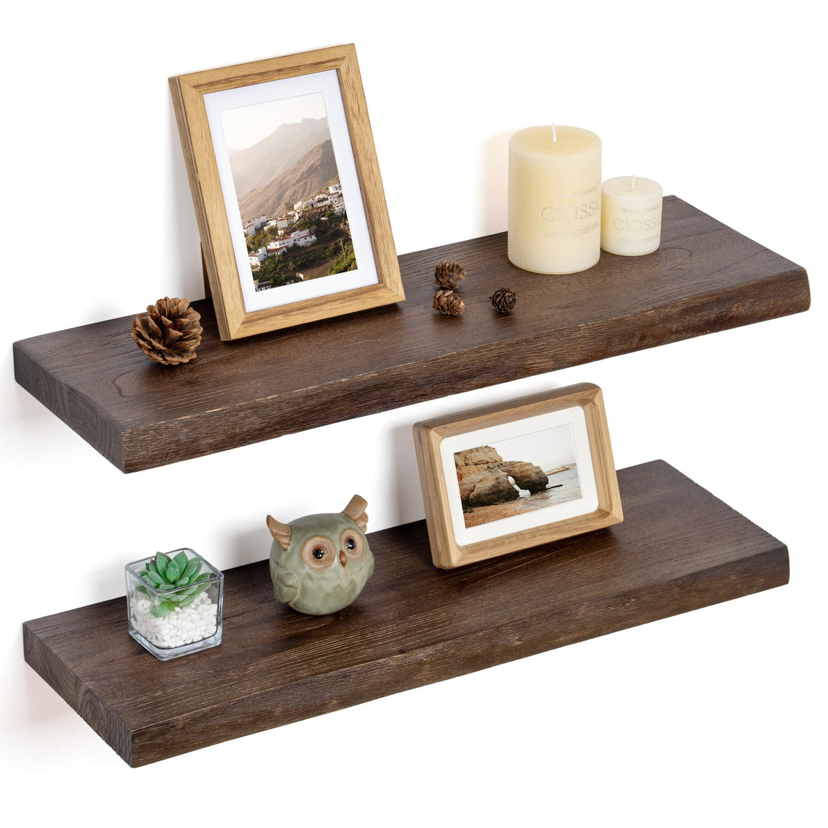 Floating Shelves for Wall Decor, Rustic Solid Elm Wood Live Edge Floating Shelves Wall Mounted, Wall Shelves with Invisible Bracket for Living Room Bathroom Bedroom Kitchen, 24 Inch Set of 2, Natural