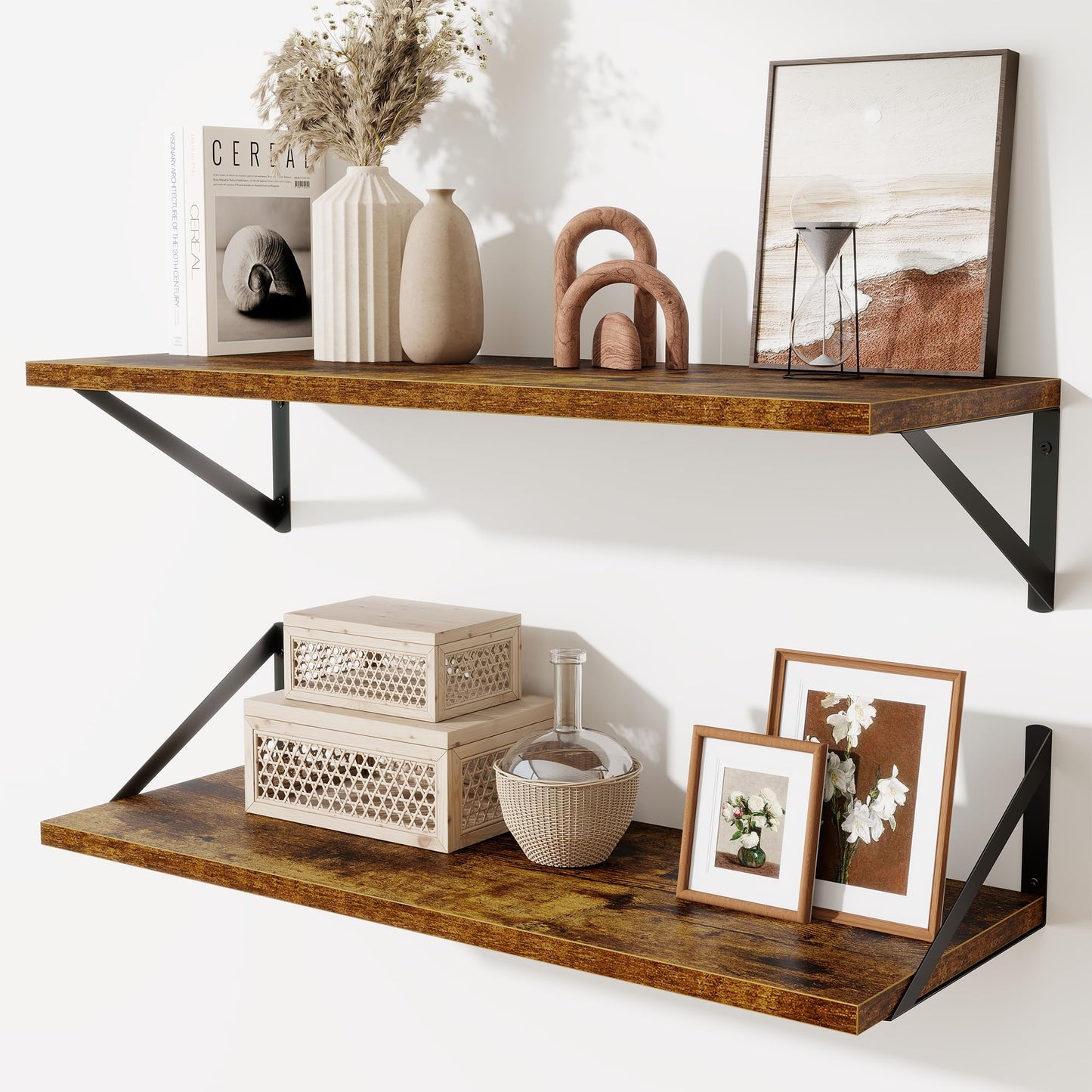 Acovy Deep Floating Shelves Wall Mounted, 36"x12" Brown Wood Shelves with Brackets Set of 2 for Bedroom, Living Room, Bathroom, Kitchen, Office - Storage & Display Shelf for Decor, Books, Plants