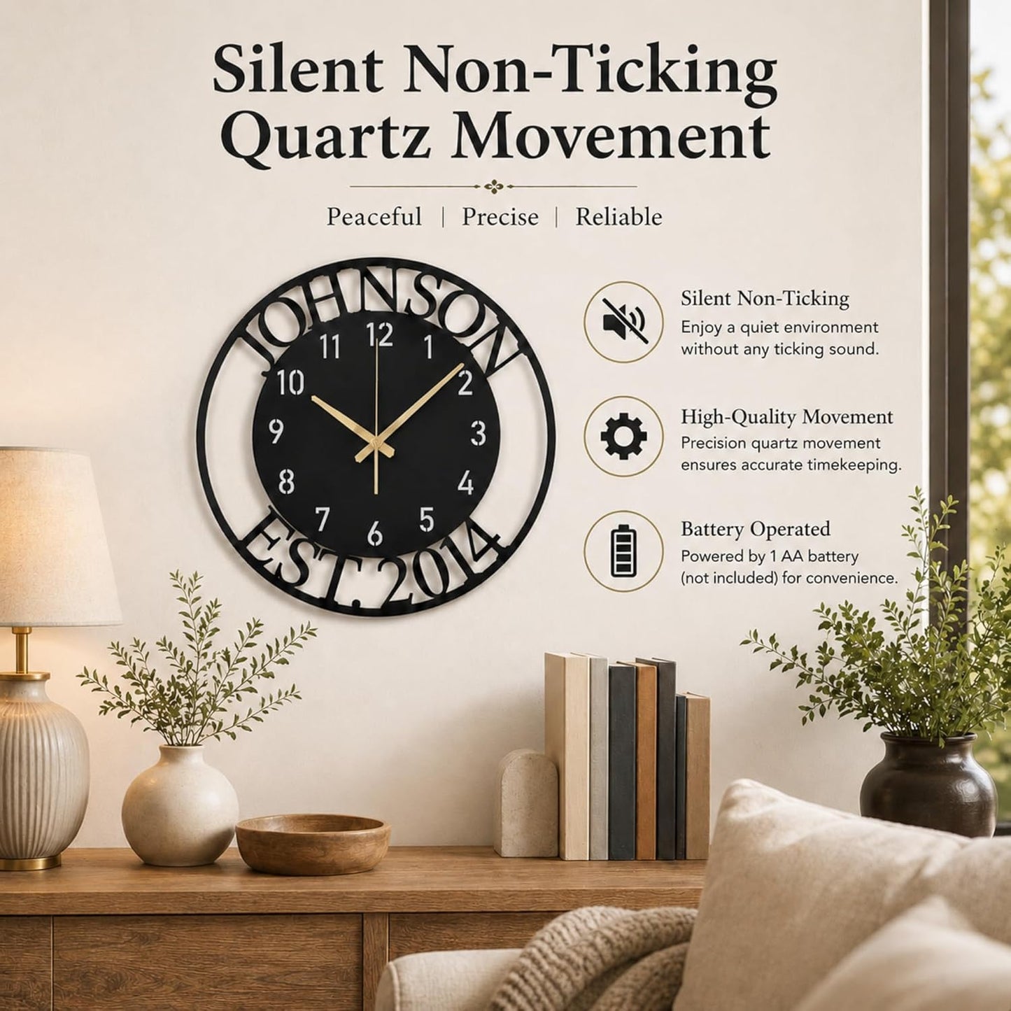 Custom Large Metal Wall Clock, Personalized Last Name and Established Year, Silent Non-Ticking Steel Clock, Family Decor for Living Room, Wedding, Anniversary or Housewarming Gift