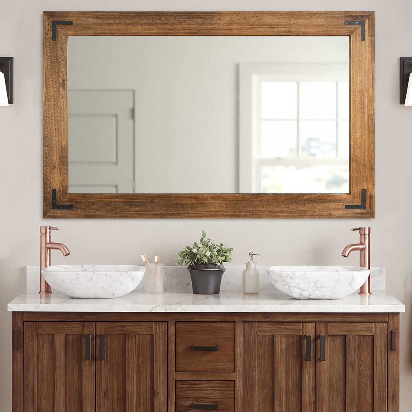YOSHOOT Rustic Wooden Framed Wall Mirror, Natural Wood Bathroom Vanity Mirror for Farmhouse Decor, Vertical or Horizontal Hanging (26" x 18", Brown)
