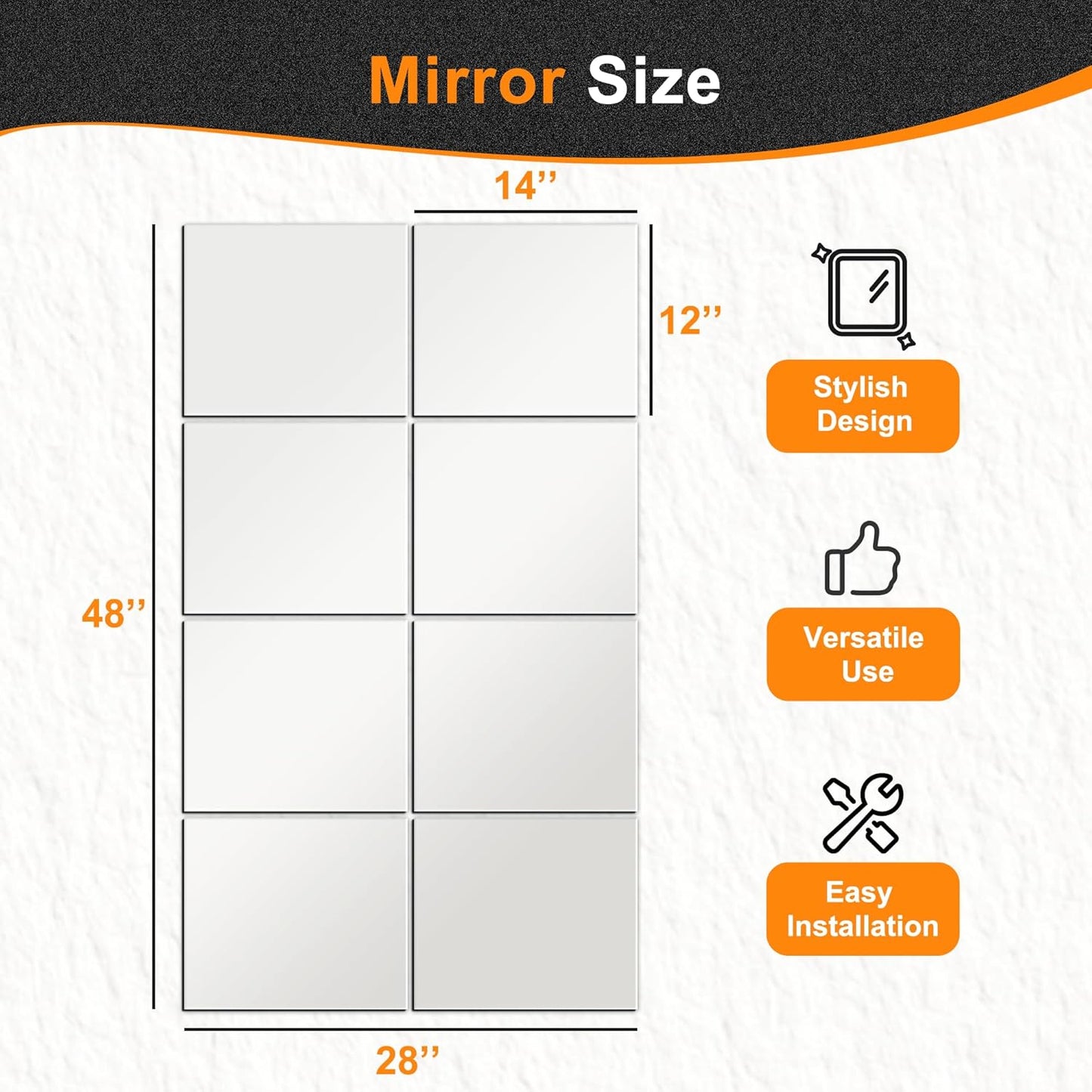 Delma Frameless Mirror Tiles 14"x12"x8 Pcs Wall Mounted