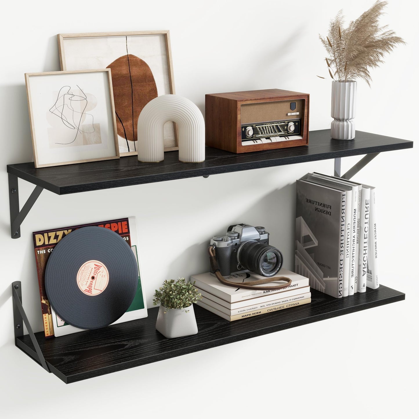 Acovy Deep Floating Shelves Wall Mounted, 36"x12" Black Wall Shelves with Brackets Set of 2 for Bedroom, Living Room, Bathroom, Kitchen, Office - Storage & Display Shelf for Decor, Books, Plants
