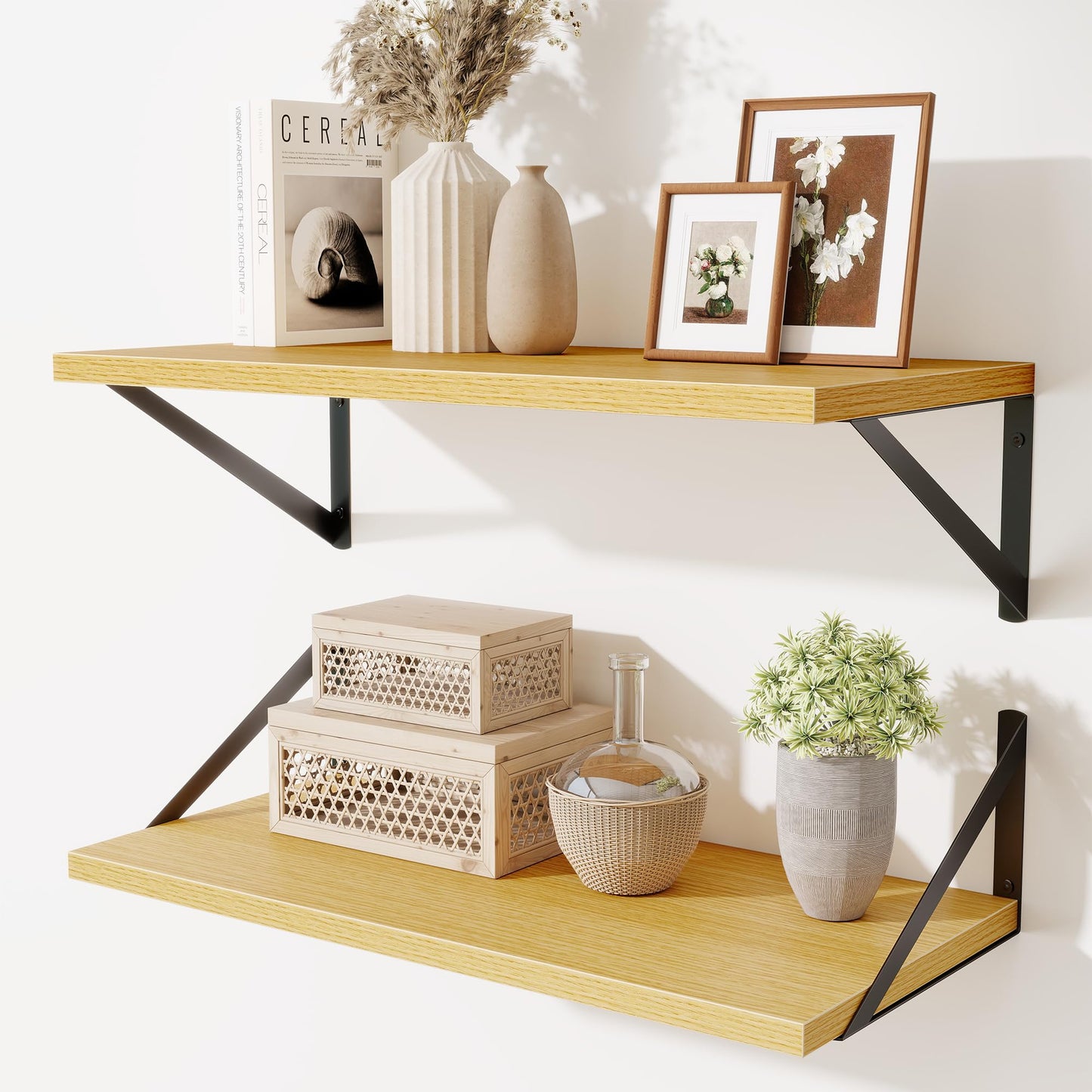 Acovy Deep Floating Shelves Wall Mounted, 36"x12" Brown Wood Shelves with Brackets Set of 2 for Bedroom, Living Room, Bathroom, Kitchen, Office - Storage & Display Shelf for Decor, Books, Plants