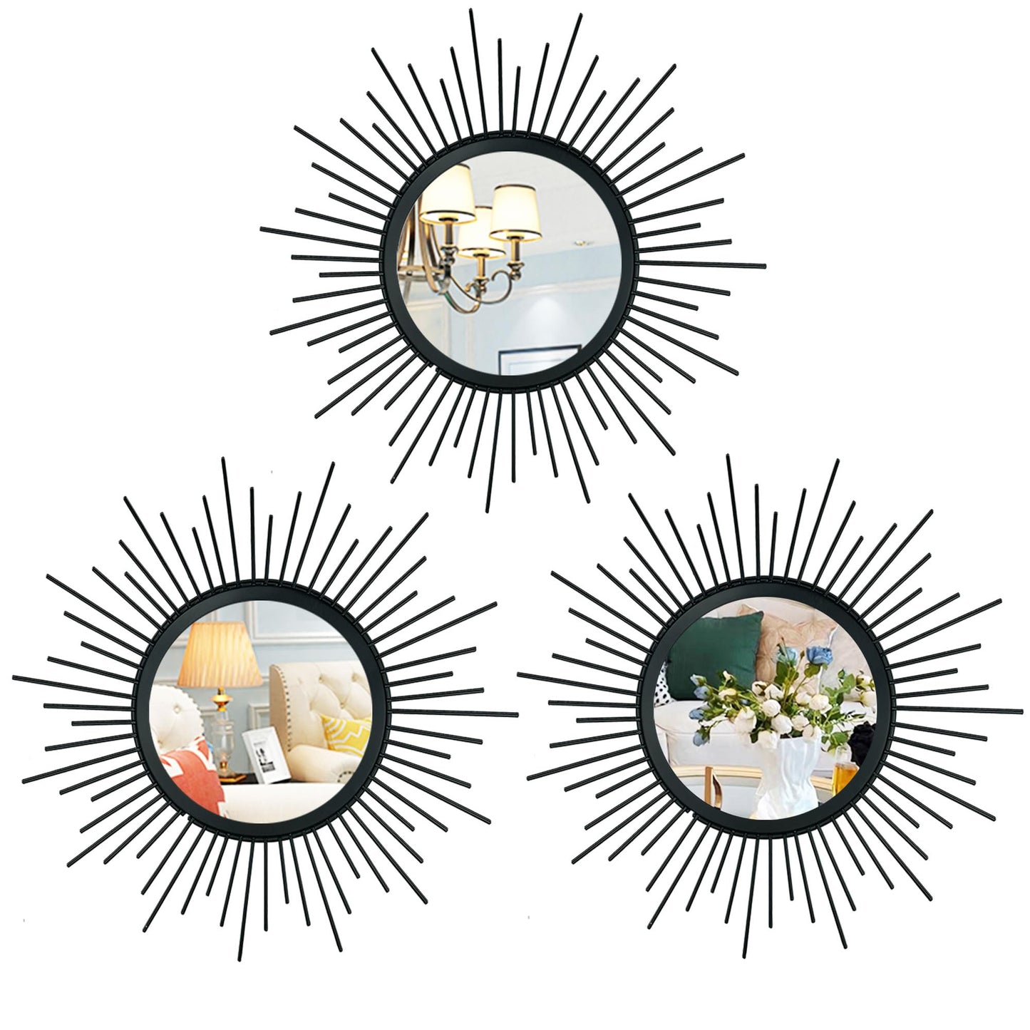 3 Pack Metal Mirrors for Wall Sunburst Wall Mirrors Home Décor Decorative Hanging Wall Art for Living Room Bedroom Entryway (Gold, Flower+Sunburst)