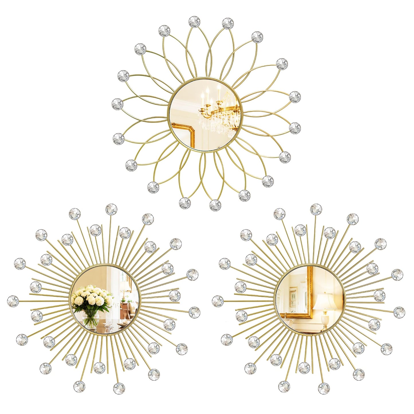 3 Pack Metal Mirrors for Wall Sunburst Wall Mirrors Home Décor Decorative Hanging Wall Art for Living Room Bedroom Entryway (Gold, Flower+Sunburst)