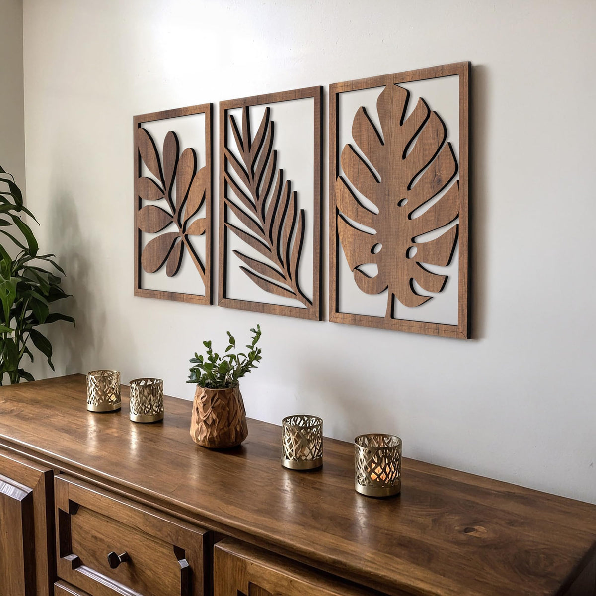 qmmp Modern Wooden Wall Sculptures - Set of 3 - Home Decor Accent - Large Wall Art for Living Room, Bedroom, Office - Easy Installation (Walnut, Medium - Mountain and Sun)