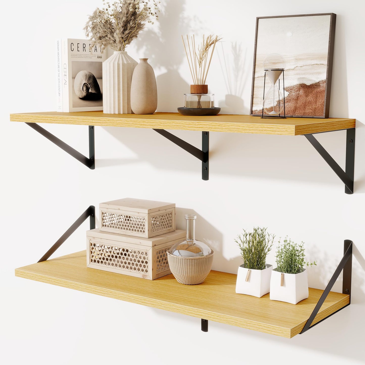 Acovy Deep Floating Shelves Wall Mounted, 36"x12" Brown Wood Shelves with Brackets Set of 2 for Bedroom, Living Room, Bathroom, Kitchen, Office - Storage & Display Shelf for Decor, Books, Plants