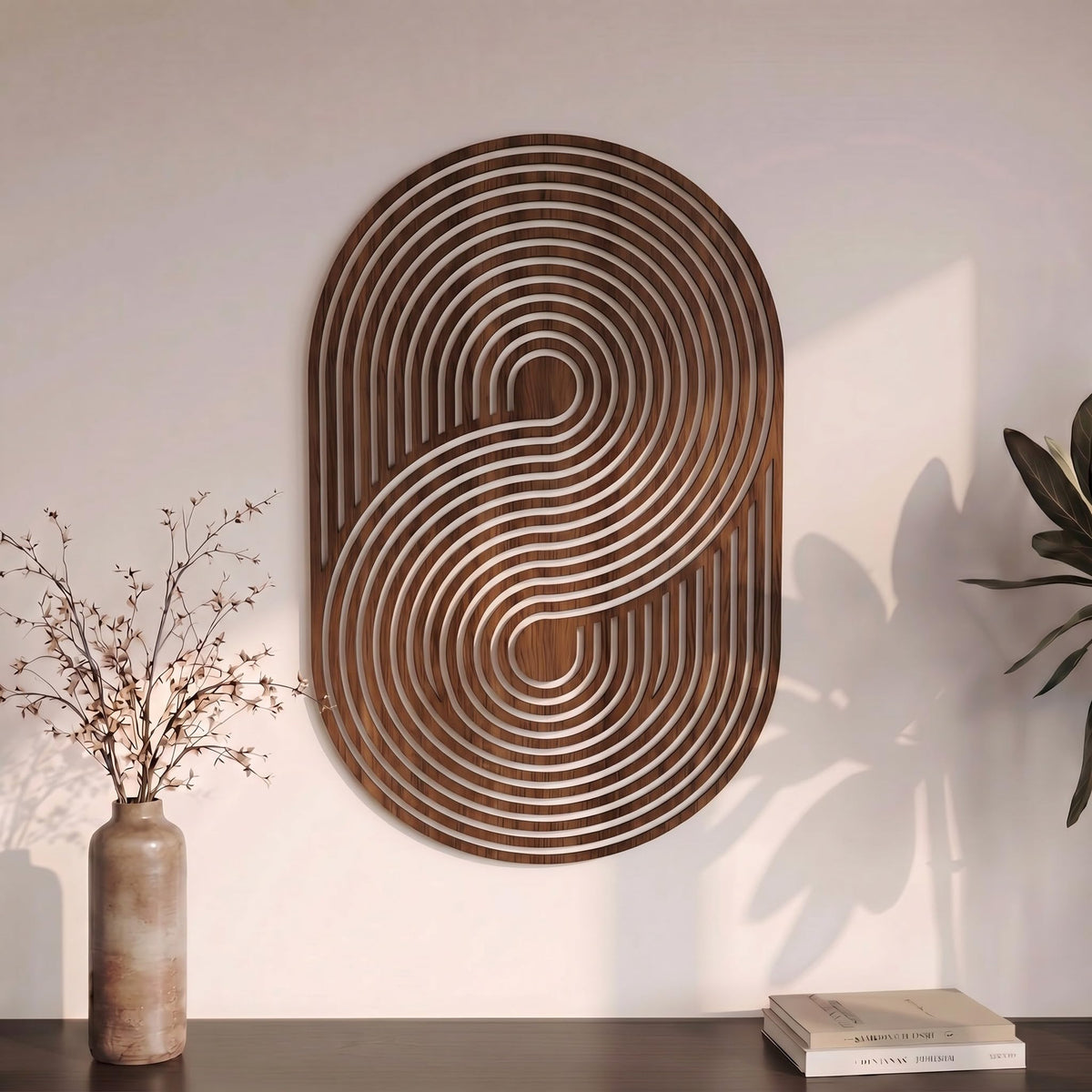 Yerliker Mcm Decor Mid Century Modern Wood Wall Art Small Walnut Geometric Wall Sculpture 11.81 Inch Boho Minimalist Abstract Panel Decor for Living Bedroom, Office, Entryway(Circular)