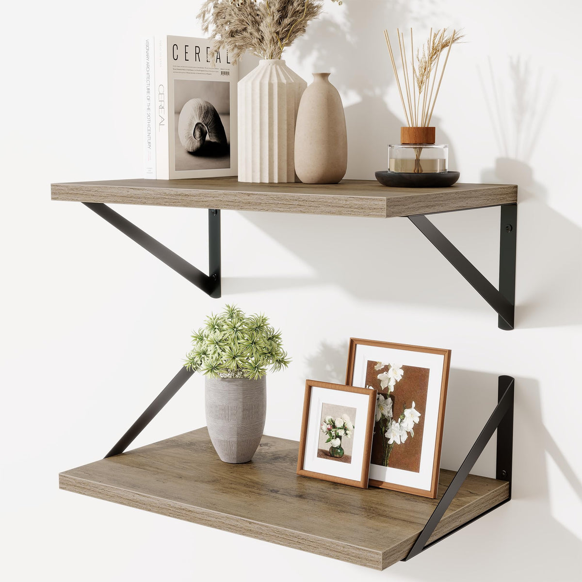 Acovy Deep Floating Shelves Wall Mounted, 36"x12" Brown Wood Shelves with Brackets Set of 2 for Bedroom, Living Room, Bathroom, Kitchen, Office - Storage & Display Shelf for Decor, Books, Plants