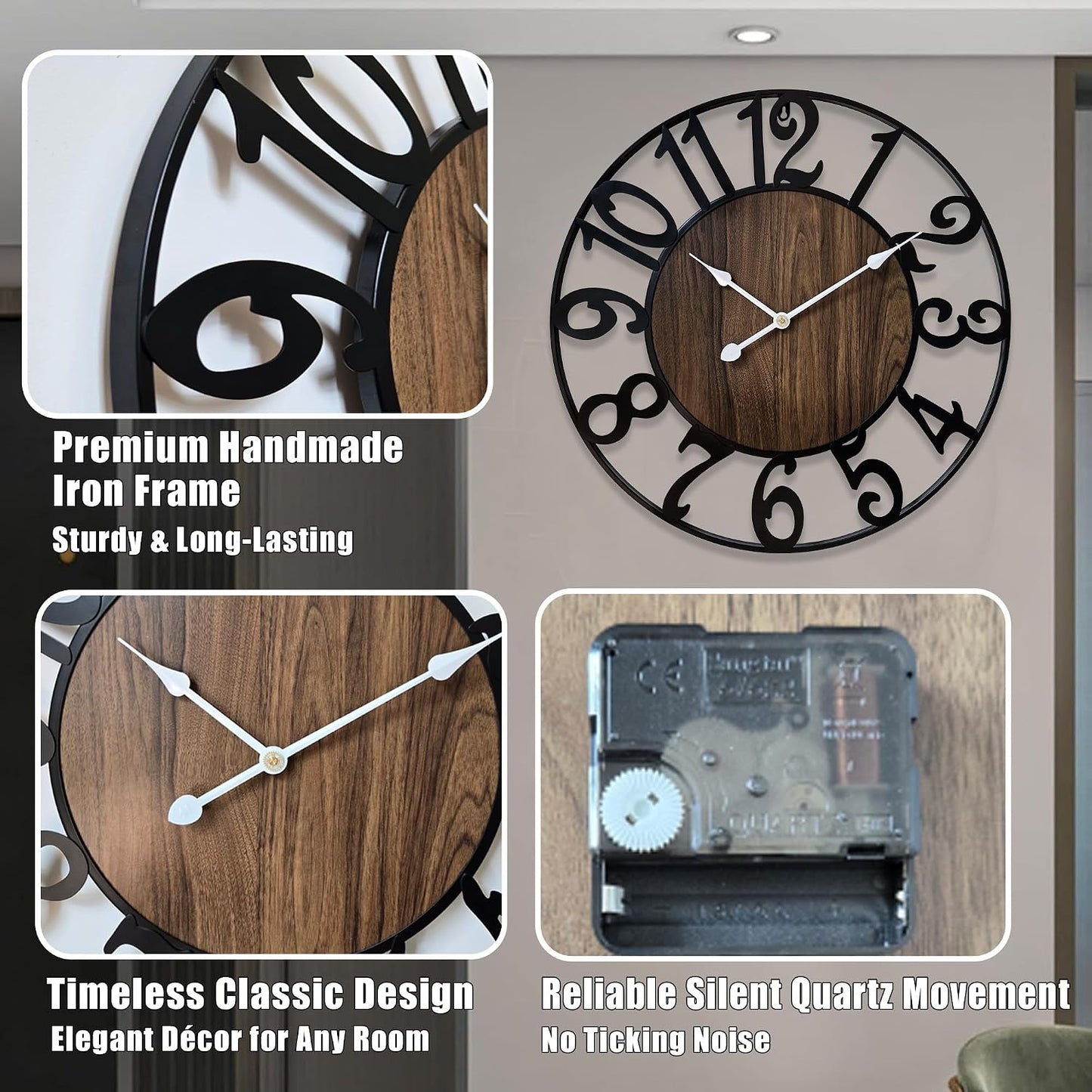 24 Inch Large Wall Clock for Living Room Bedroom Kitchen Mantel Decor, Silent Battery Operated Decorative Non Ticking Metal Round Modern Farmhouse Arabic Numerals Big Clock Wall Decor