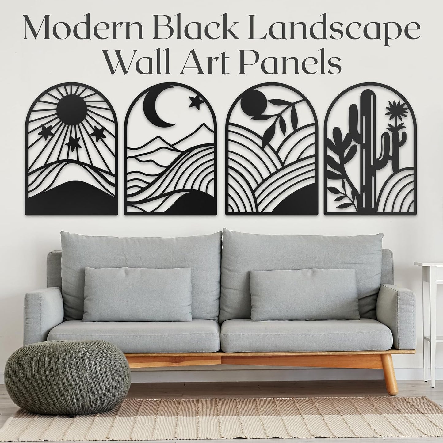 GALLERY GRACE Metal Wall Art Decor – 11" x 16", 4Pc Single Line Abstract Wall Art for Living Room, Bedroom, Office – Boho Minimalist Black Wall Decor Featuring Sun, Moon, Landscape & Desert Panels