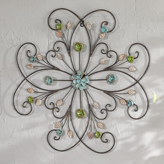Phaxth 24" Metal Flower Wall Art Decor with Rust Leaf, Large Scroll Outdoor Wall Art Decor