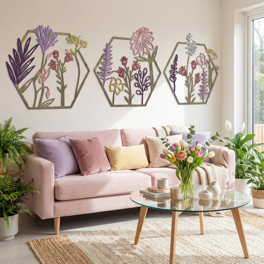 Peryiter 3Pcs Metal Flower Wall Decor Minimalist Floral Hanging, Colorful
