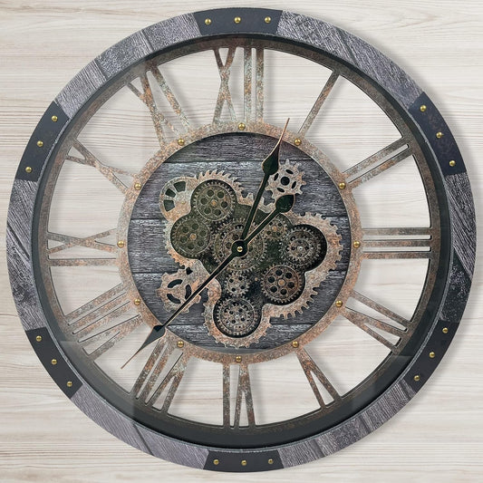 24" Large Wall Clock with Moving Gears,Oversize Vintage Industrial Rustic Farmhouse Clocks for Living Room Decor Office Home,Solid Wood HD Tempered Glass Cover,Carbon Grey