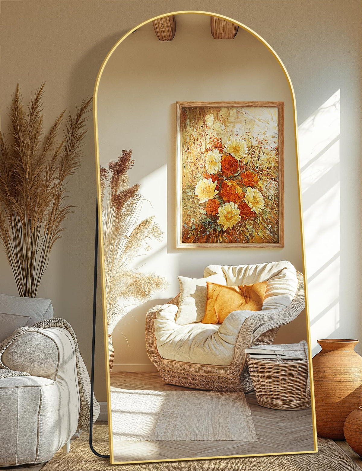 Arched Full Length Mirror, 56"x15" Standing Body Mirror for Wall, Gold