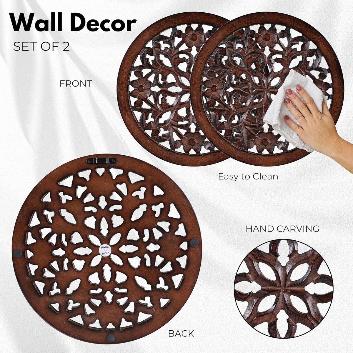 Woodify Hand-Carved Wooden Wall Décor – Set of 2, 12x12
