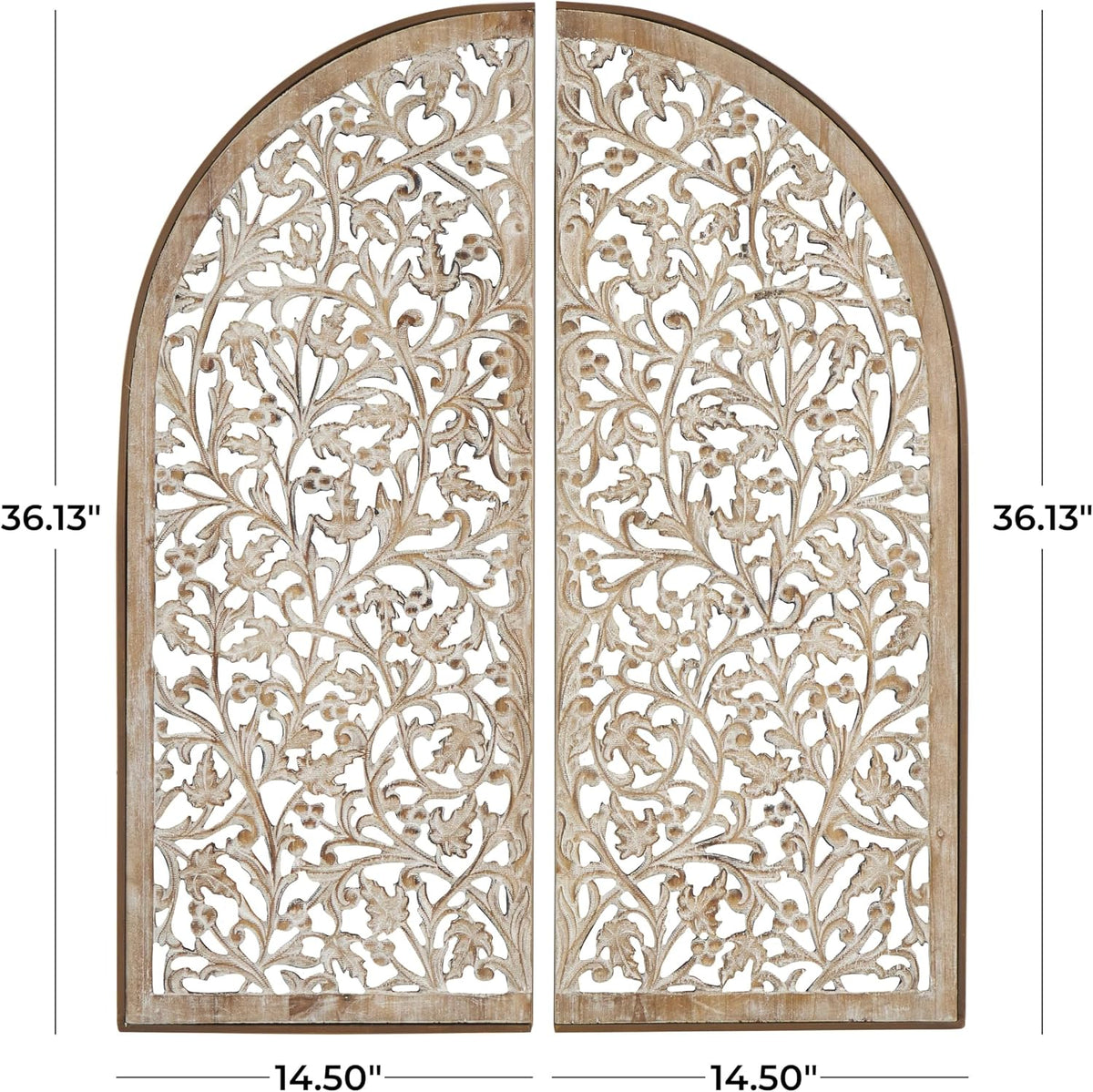 Deco 79 Wooden Floral Handmade Home Wall Decor Arched Wall Sculpture with Intricate Carvings, Set of 2 Wall Art 15"W, 36"H, Brown