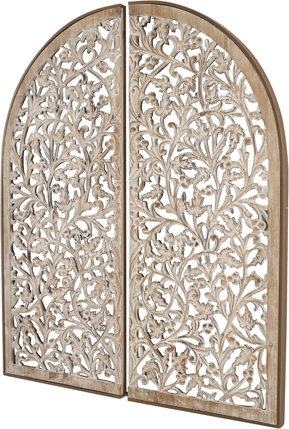 Deco 79 Wooden Floral Handmade Home Wall Decor Arched Wall Sculpture with Intricate Carvings, Set of 2 Wall Art 15"W, 36"H, Brown